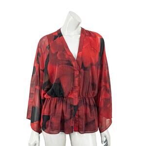 Alice + Olivia Women's V-neck Blouse Red Black Rose Size Medium